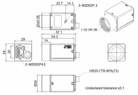 Mechanical drawing and dimensions of 5MP GigE PoE Vision Camera Color with OnSemi AR0521 sensor, model MER2-507-23GC-P