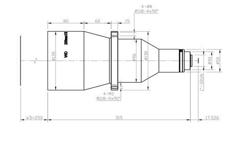 Mechanical drawing LCM-TELECENTRIC-0.1X-WD250-1.5-NI