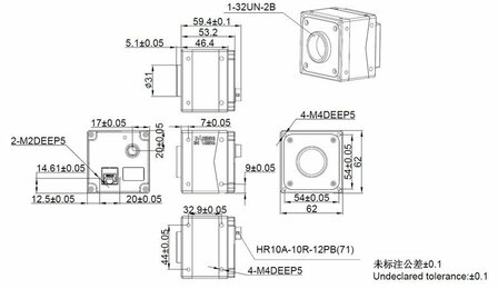 Mechanical drawing and dimensions of 26.2MP GigE Vision Camera PoE Monochrome with Gpixel GMAX0505 sensor, model MARS-2621-42GT