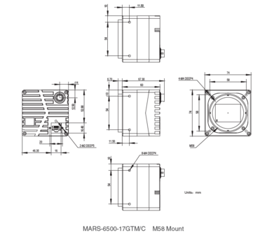 Mechanical drawing and dimensions of 65MP GigE Vision Camera Monochrome with Gpixel GMAX3265 sensor, model MARS-6500-18GTM
