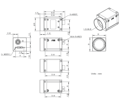 Mechanical drawing and dimensions of USB3.0 imaging camera 5.6MP Color with Gpixel GMAX2505 sensor, model ME2S-560-70U3C