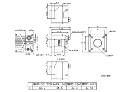 Mechanical drawing and dimensions of 6MP 10GigE Vision Camera Monochrome with Gpixel GMAX2505 sensor, model MARS-561-207GTM