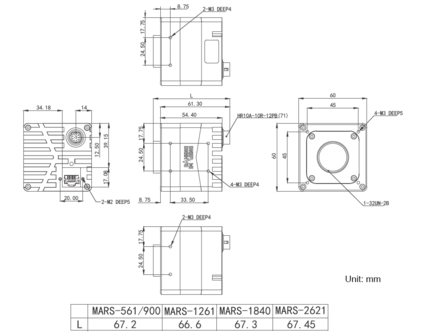 Mechanical drawing and dimensions of 18MP 10GigE Vision Camera Monochrome with Gpixel GMAX2518 sensor, model MARS-1840-63GTM