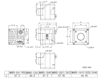 Mechanical drawing and dimensions of 13MP 10GigE Vision Camera Monochrome with OnSemi XGS12000 sensor, model MARS-1261-90GTM