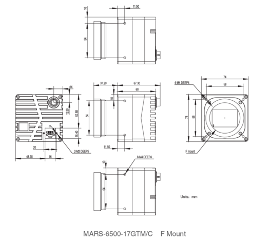 Mechanical drawing and dimensions of 65MP GigE Vision Camera Color with Gpixel GMAX3265 sensor, model MARS-6500-18GTC
