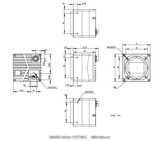 Mechanical drawing and dimensions of 65MP GigE Vision Camera Monochrome with Gpixel GMAX3265 sensor, model MARS-6500-18GTM