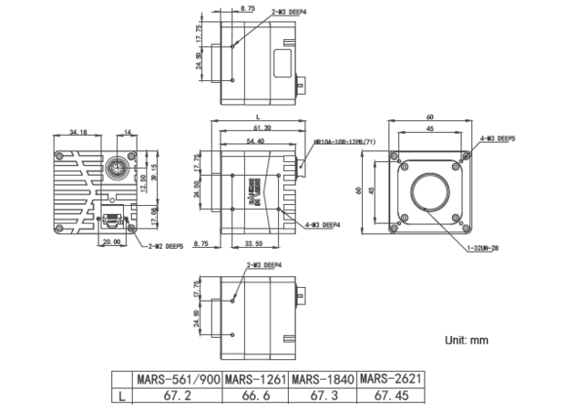 Mechanical drawing and dimensions of 9MP 10GigE Vision Camera Color with Gpixel GMAX2509 sensor, model MARS-900-120GTC