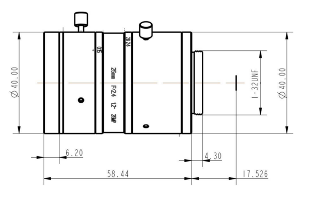 Mechanical Drawing LENS C-mount 25MP 25MM F2.4 for max sensorsize 1.2" LOW DISTORTION