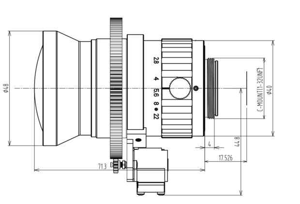Mechanical Drawing Motorized focus lens C-mount 20MP 12MM F2.8 for max sensorsize 1.1" 