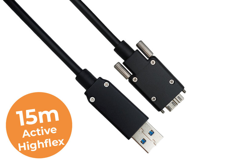 15-meter USB3 active highflex cable, Screw lock, Industrial grade, Active highflex cable